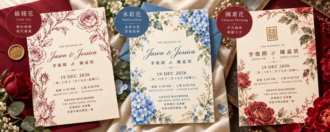 同樣以花卉為主題,線條花、水彩花及國畫可以呈現三種不同嘅喜帖風格。 三款花卉喜帖設計比較,分別展示酒紅色線條玫瑰、藍色水彩繡球花及新中式國畫牡丹喜帖
