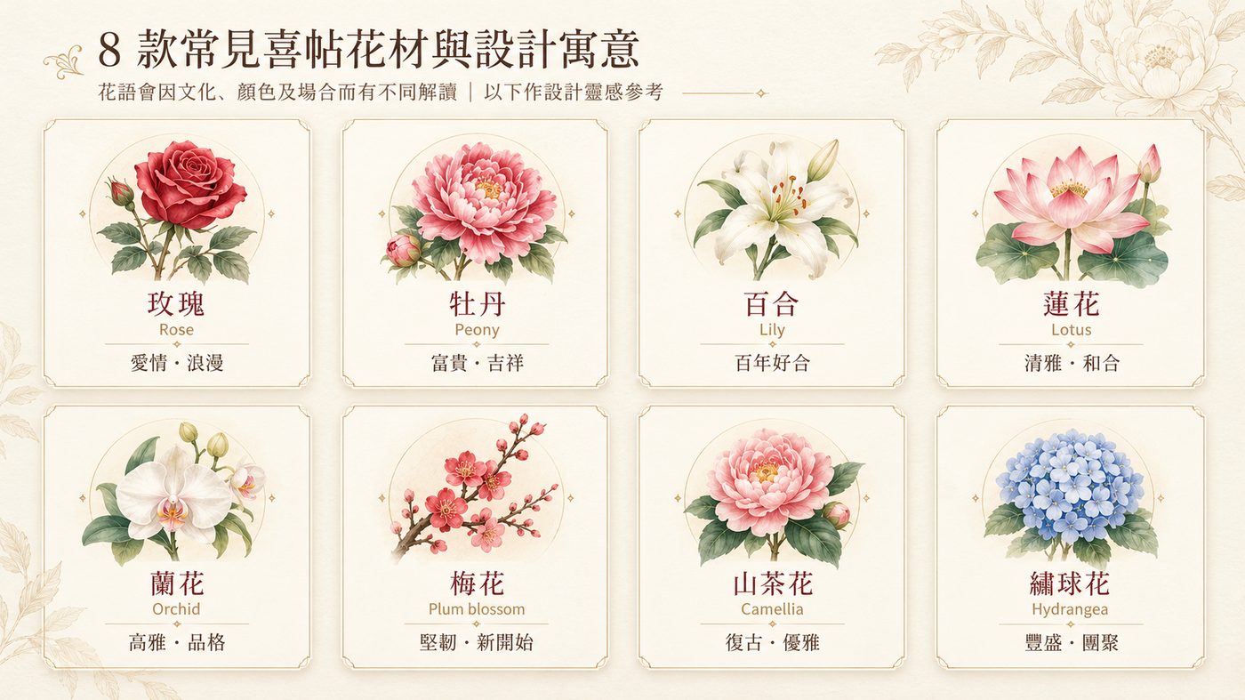 由玫瑰象徵愛情、牡丹代表富貴,到百合寓意百年好合,了解不同花材嘅設計特色。 八款婚禮喜帖花材圖鑑,包括玫瑰、牡丹、百合、蓮花、蘭花、梅花、山茶花及繡球花,附常見寓意