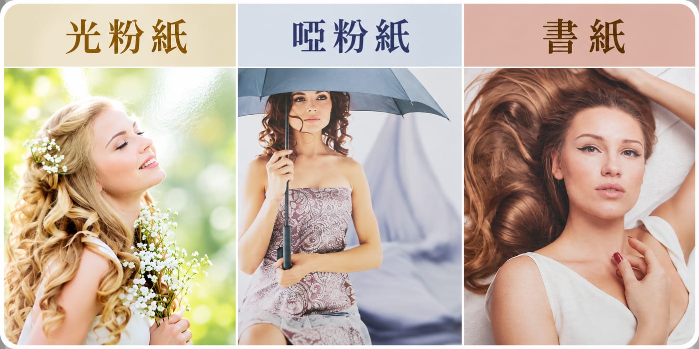 同類圖片印在光粉紙、啞粉紙及書紙時，反光、色彩和紙面質感會有不同。
