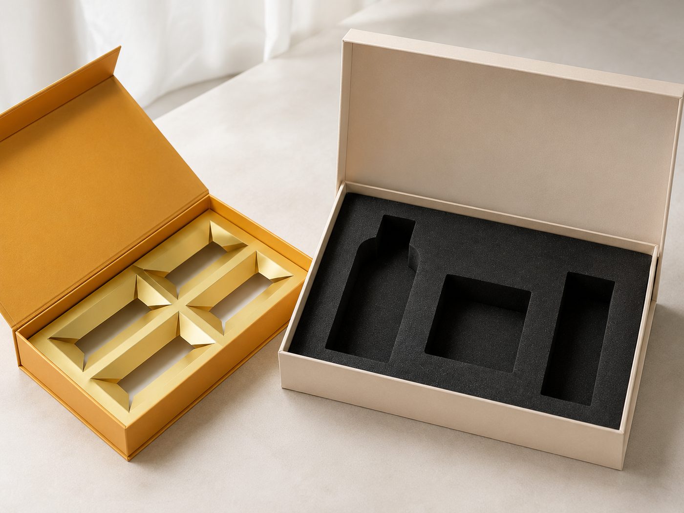 Comparison of a paper insert and an EVA insert as gift-box liners, a gold paper insert on the left and a black EVA foam liner on the right, showing the look and application differences between the two